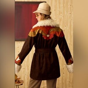 The Hippie Shake Marionette Brown Floral Applique Belted Coat